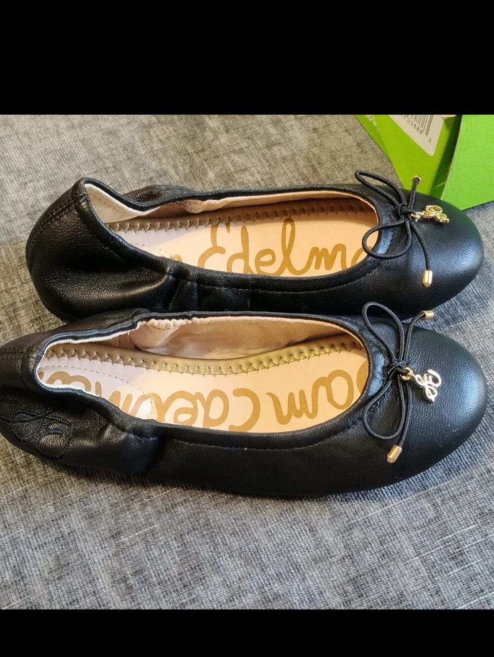 Sam Edelman Black Leather Girls Size 1 Bow Ballet Flats with Gold Charm